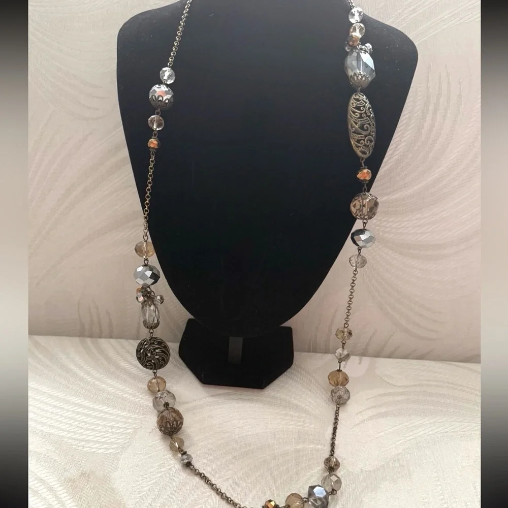Vintage Opera Length Necklace Brass and Crystals 36”